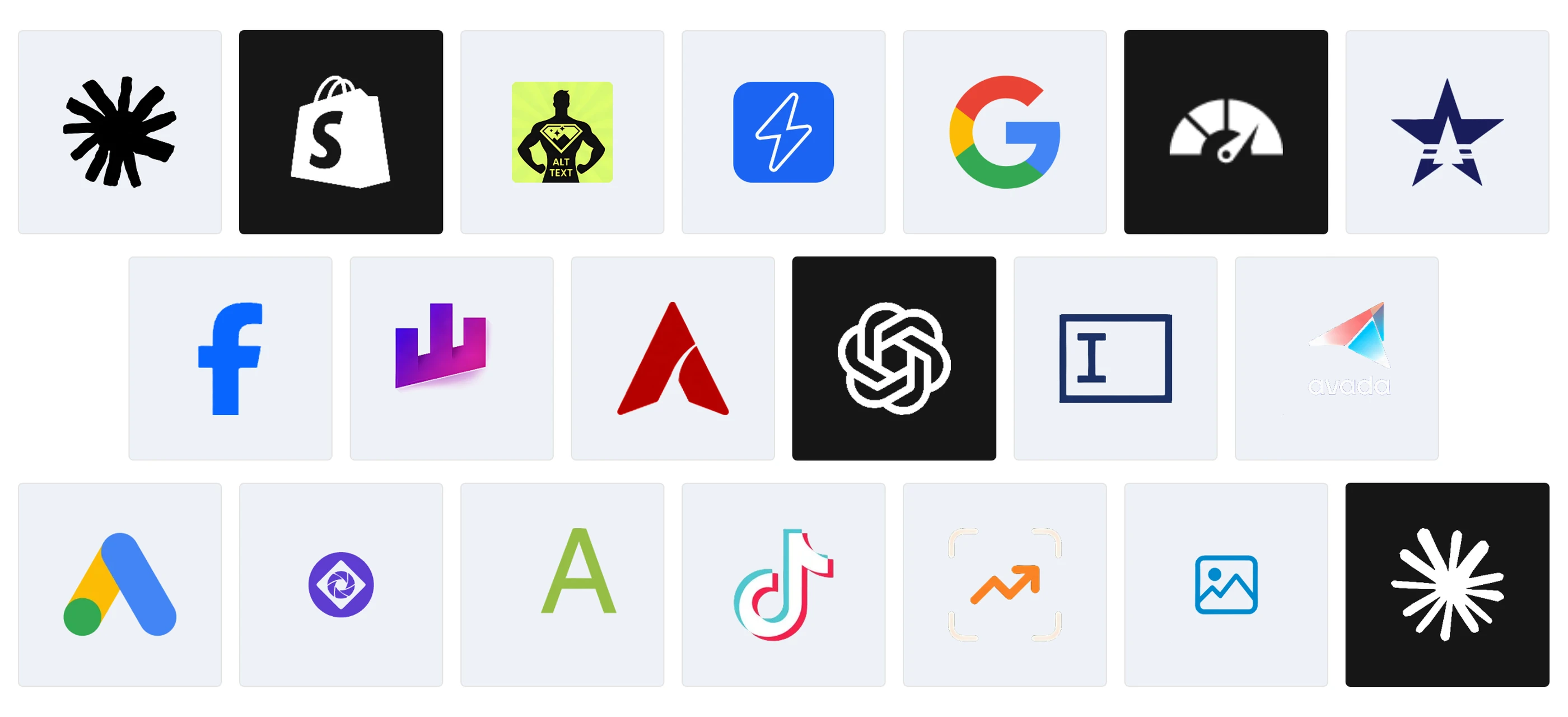Logos of the Shopify Alt Text Apps compared in 2026, including Ryze AI, SEO HERO, AltText.ai, TinyIMG and AltKing, next to Shopify, Google and Meta