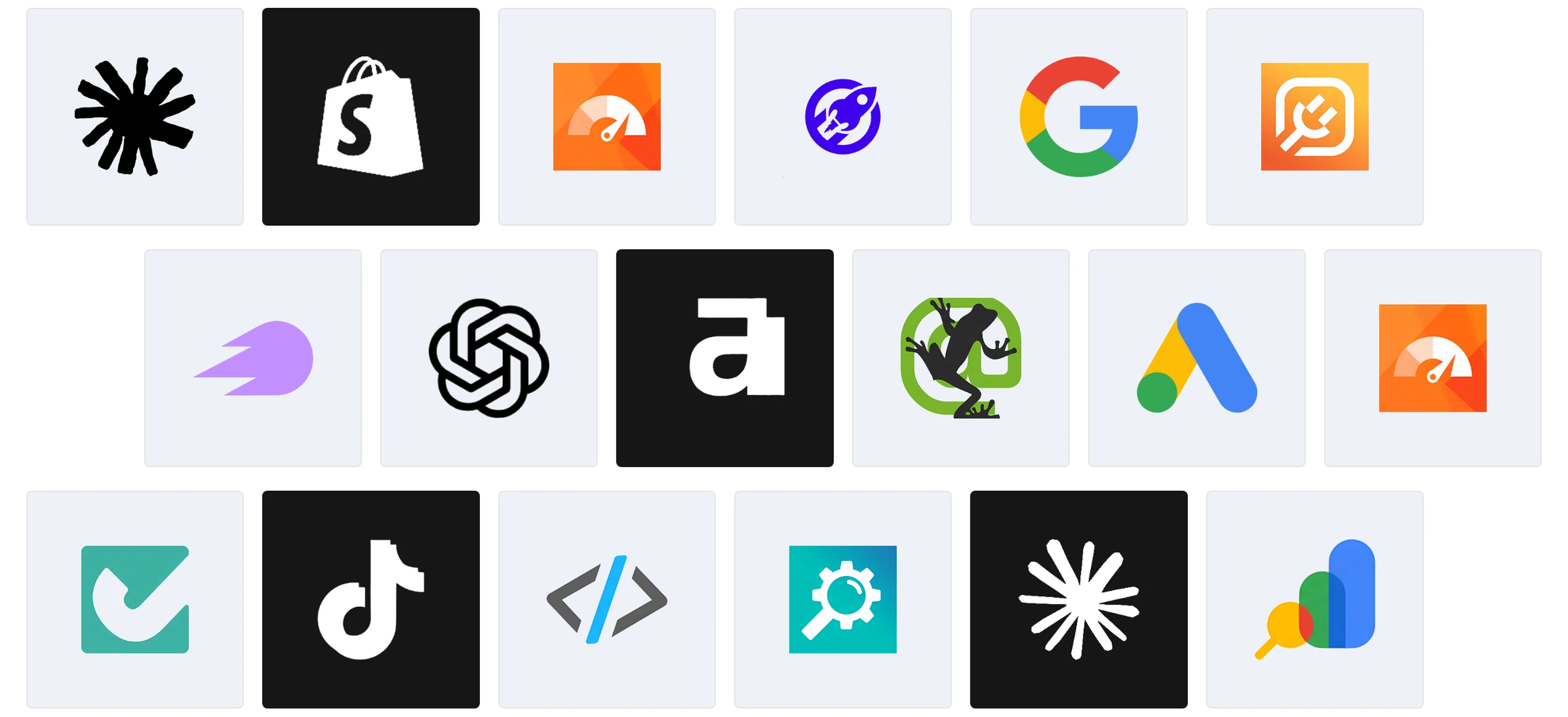 Logos of the Shopify SEO Audit Tools compared in 2026, including Ryze AI, SearchPie, Booster AI SEO, Plug In SEO and Semrush, next to Shopify, Google and ChatGPT