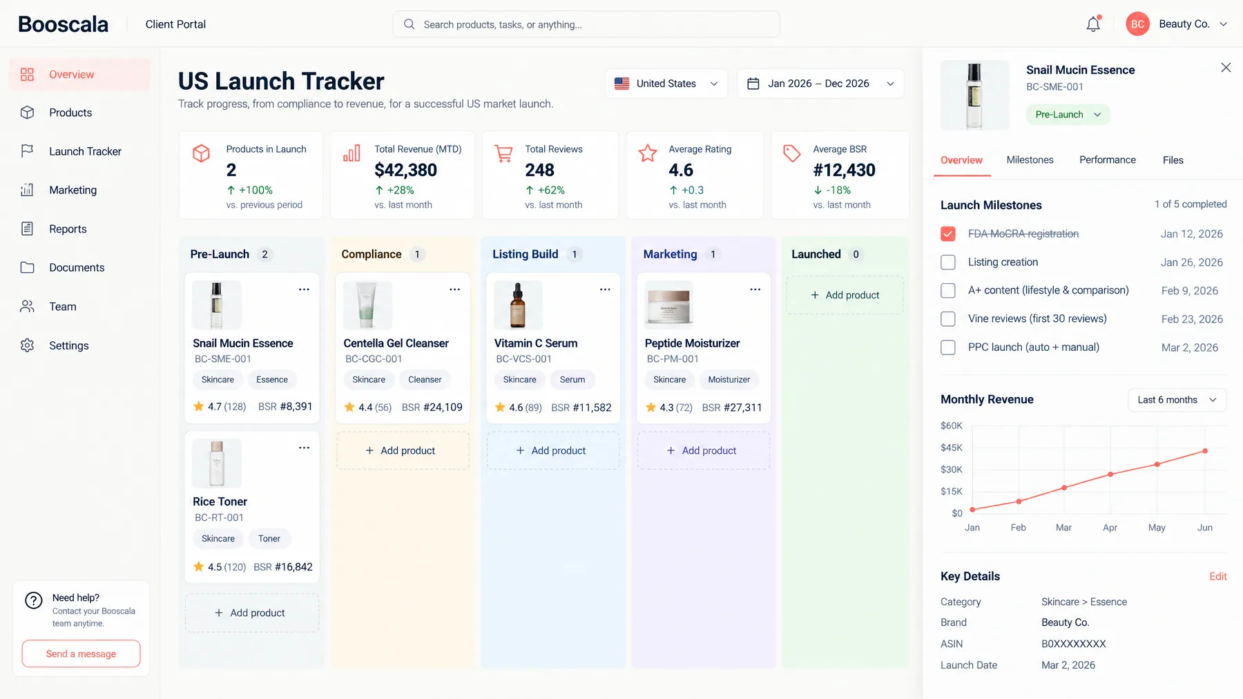 Booscala US Launch Tracker moving Korean skincare products from pre-launch through compliance, listing build and marketing