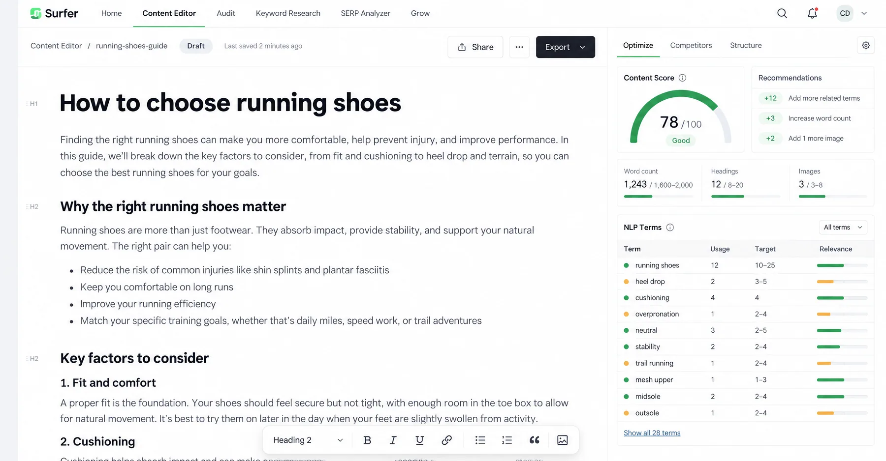Surfer Content Editor showing a 78/100 Content Score and NLP term targets beside a draft running shoes guide