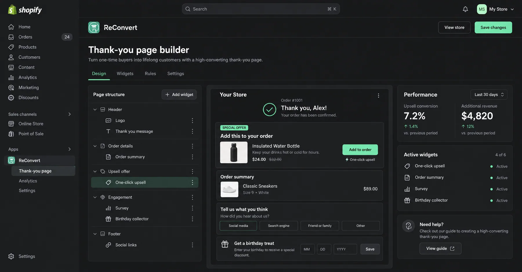 ReConvert thank-you page builder with a one-click upsell offer after checkout and a 7.2% upsell conversion rate