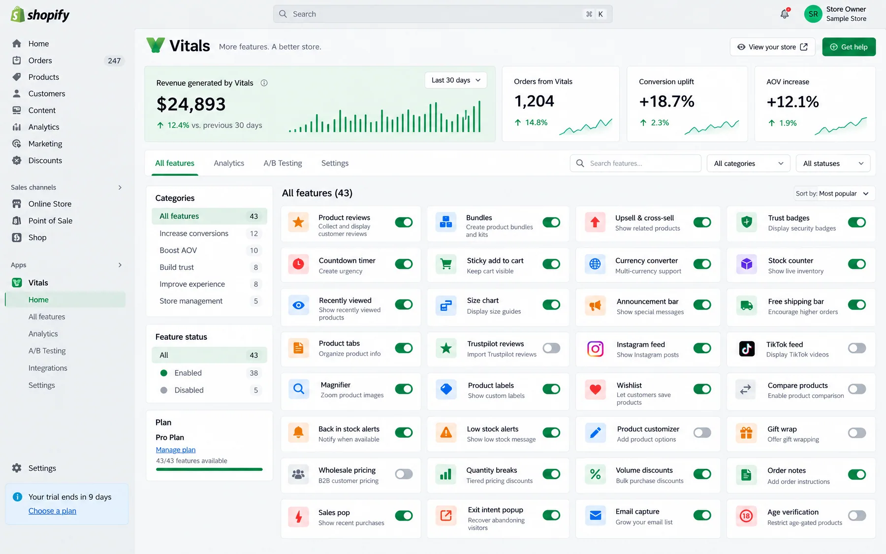 Vitals app home in Shopify listing 43 features, such as sticky add to cart and countdown timer, toggled on or off
