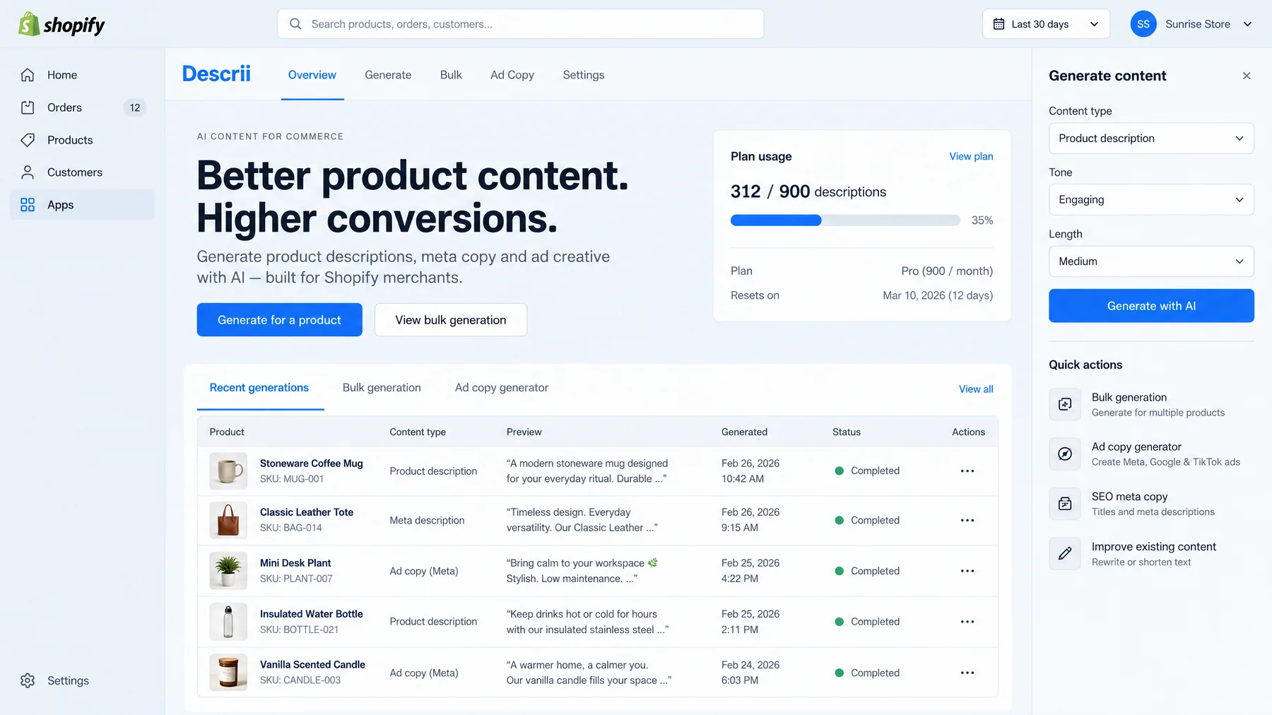 Descrii in the Shopify admin with 312 of 900 monthly descriptions used and recent product, meta and Meta ad copy generations