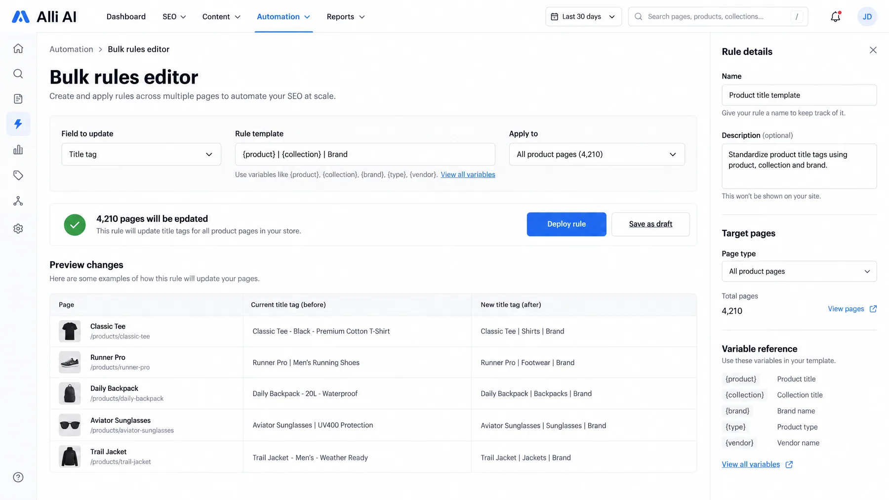 Alli AI Bulk rules editor with a title tag template about to update 4,210 product pages, with before and after preview