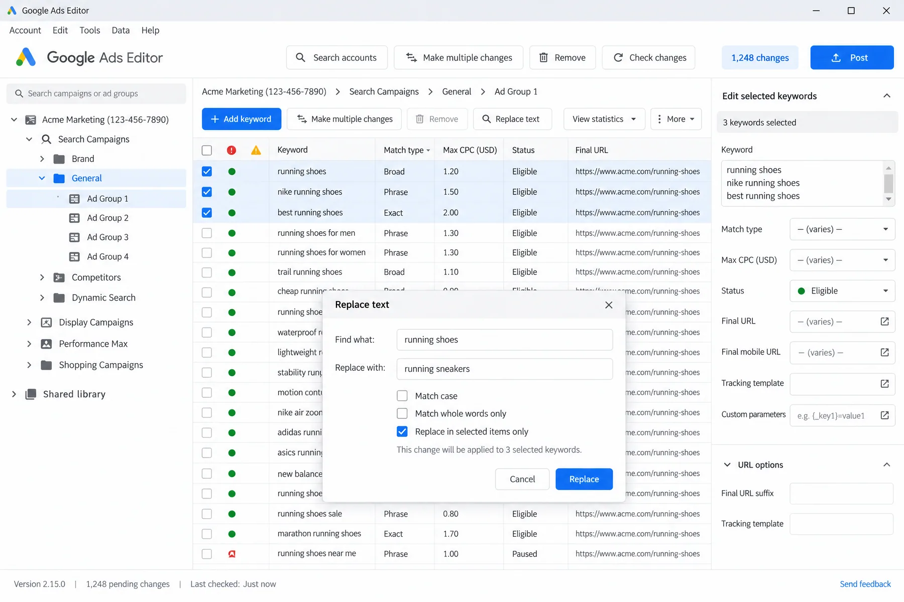Google Ads Editor Replace text dialog swapping running shoes for running sneakers across 3 keywords, 1,248 changes pending