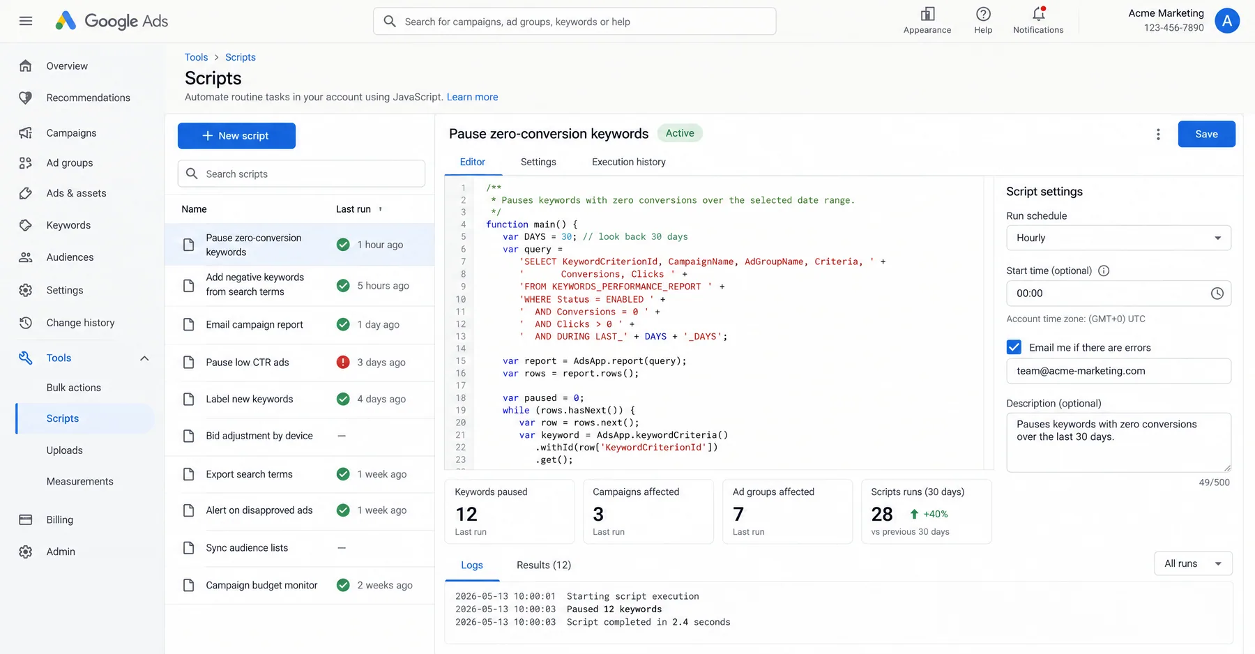Google Ads Scripts running an hourly Pause zero-conversion keywords script that paused 12 keywords in its last run