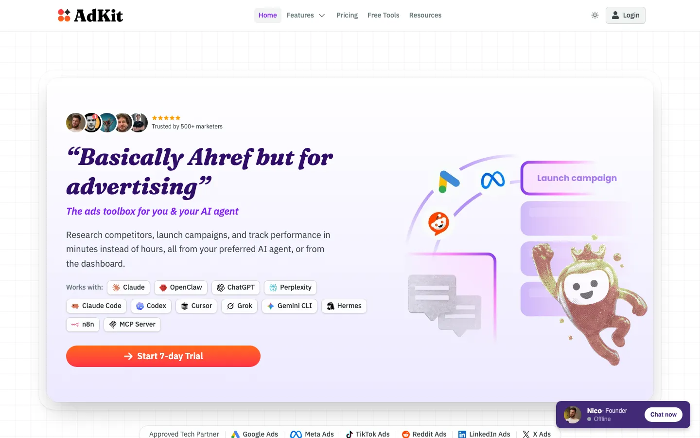 AdKit homepage: ad library, AI ads generator and MCP server for AI agents across Meta and Google.
