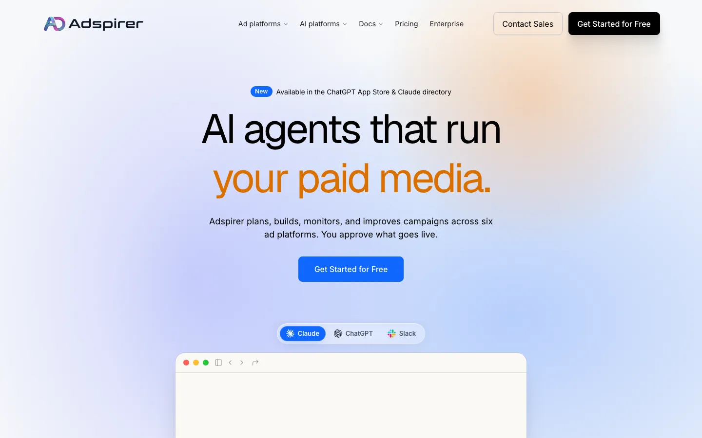 Adspirer homepage: AI paid media manager and MCP server for ads, works in ChatGPT and Claude.