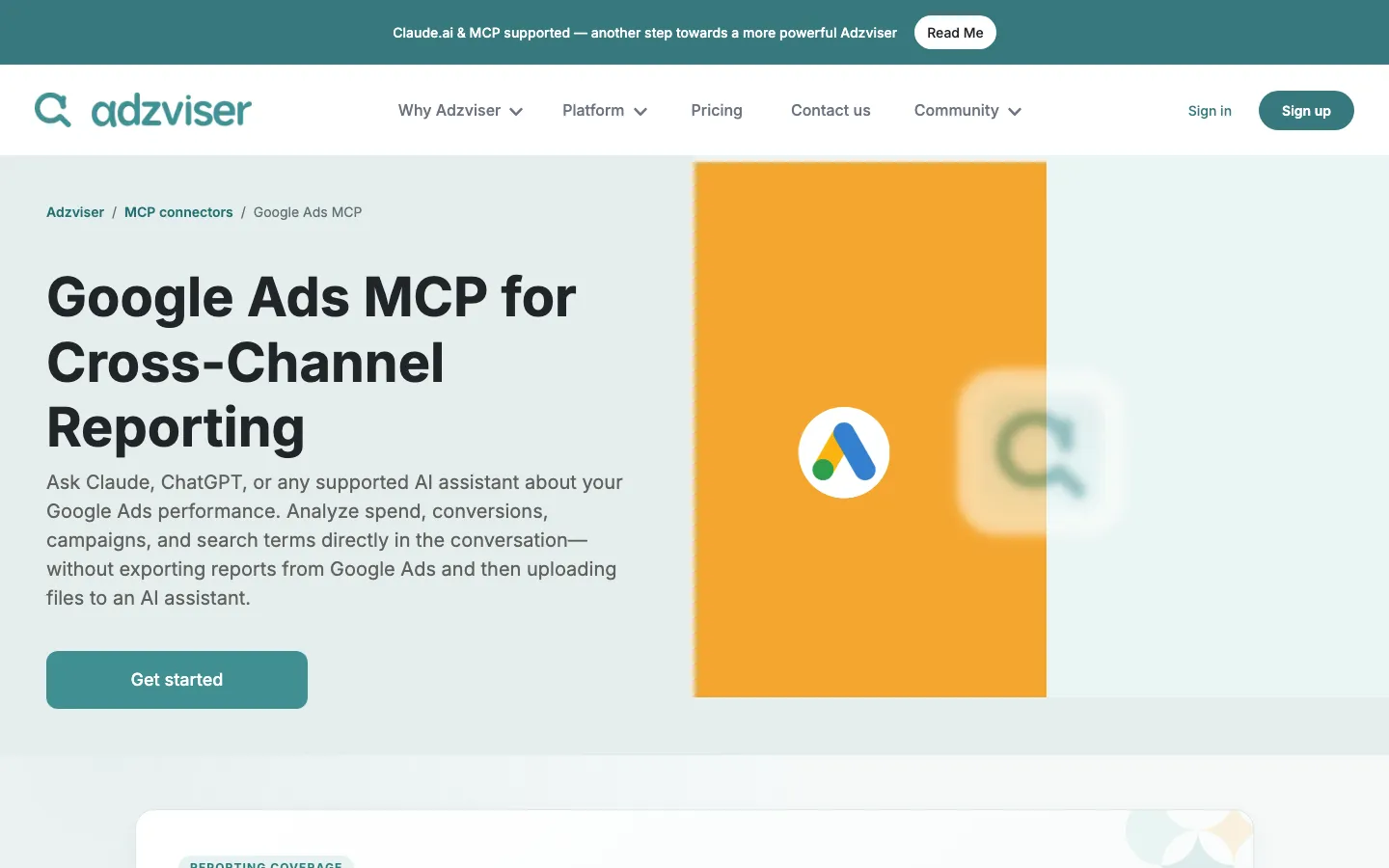 Adzviser Google Ads MCP page: Claude.ai and MCP supported, read-only reporting connector.
