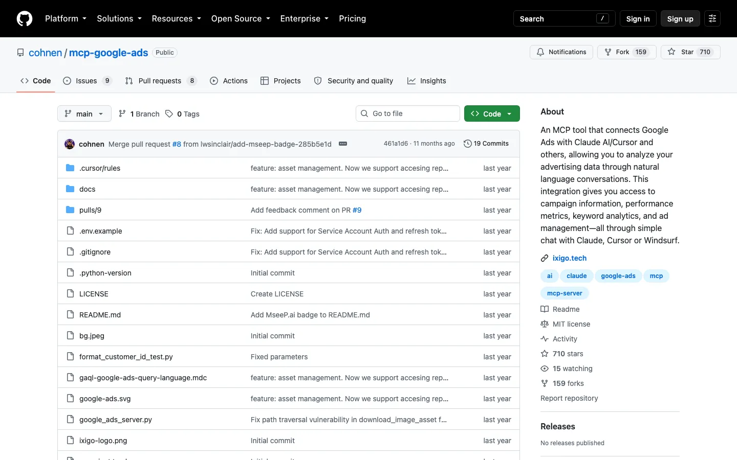 GitHub repository cohnen/mcp-google-ads: an MCP tool that connects Google Ads with Claude, Cursor and Windsurf.