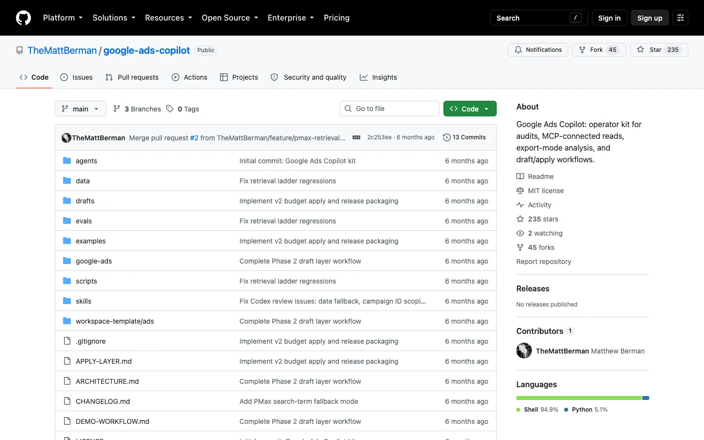 GitHub repository TheMattBerman/google-ads-copilot: operator kit for audits, MCP-connected reads and draft/apply workflows.