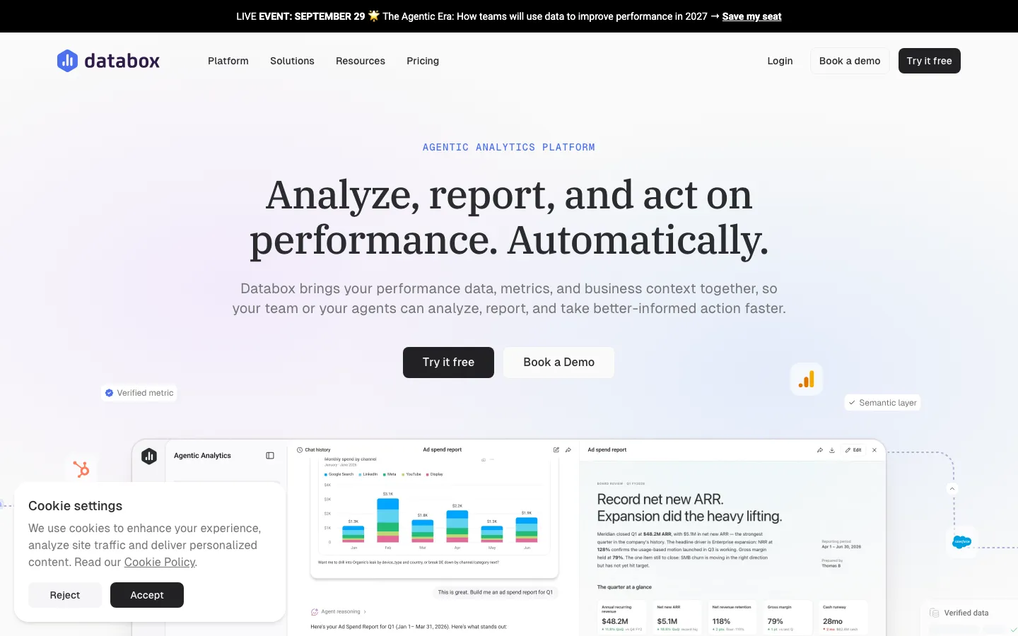 Databox homepage: KPI dashboards, an AI analyst and integrations including Google Ads.