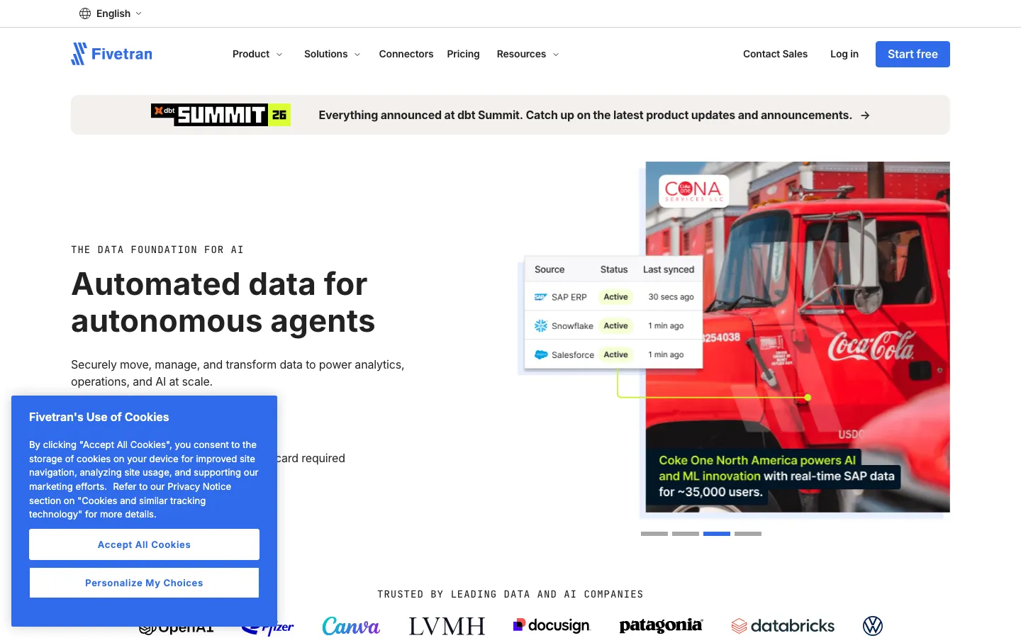 Fivetran homepage: automated data movement into BigQuery, Snowflake and Databricks.