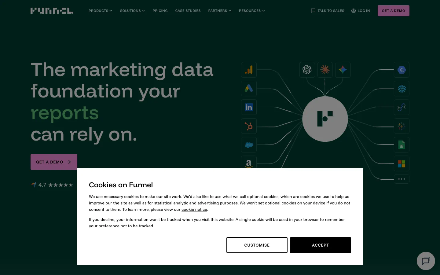 Funnel.io homepage: marketing data hub with hundreds of connectors and AI access.