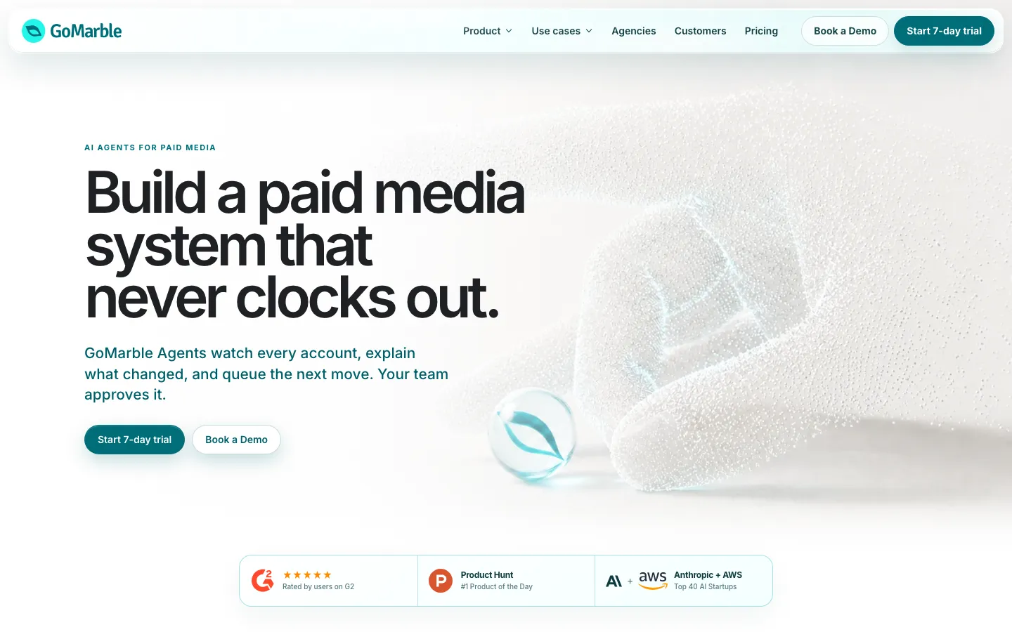 GoMarble homepage: AI agents for paid media, read-only Copilot plan and Operator plan with approved actions.