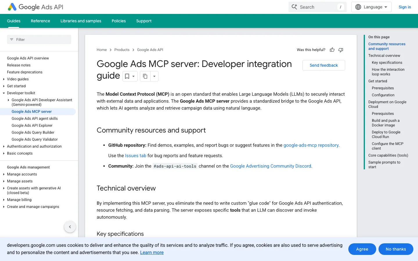 Google Ads API developer documentation for the official Google Ads MCP server: read-only mode, Python, developer token required.
