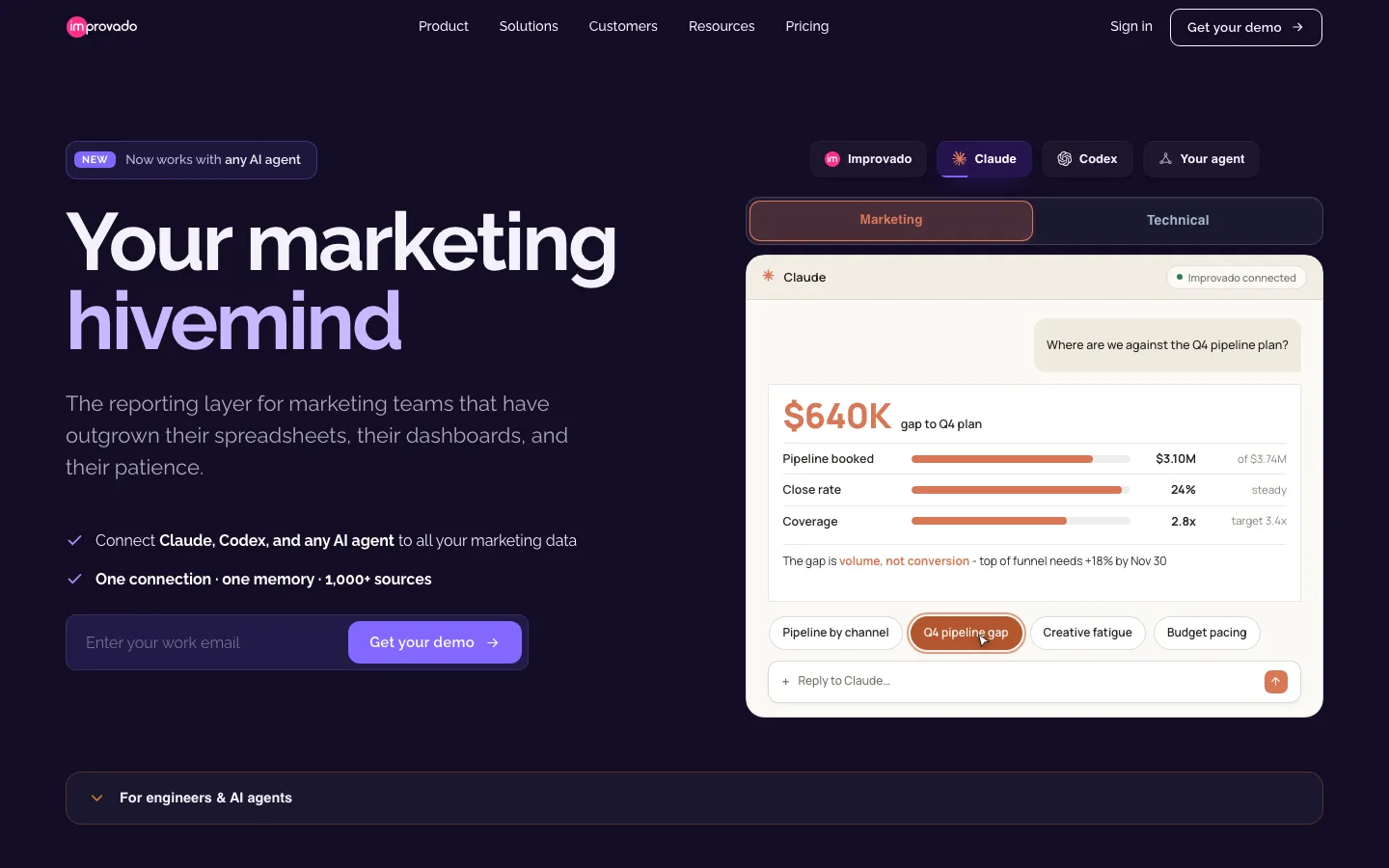 Improvado homepage: enterprise marketing data platform with an AI agent and MCP access.