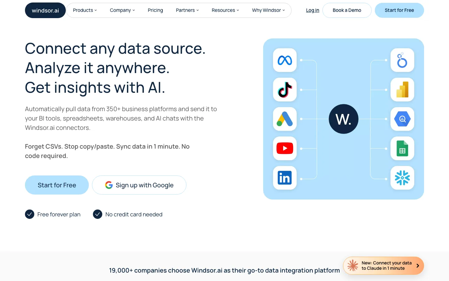 Windsor.ai homepage: 350+ data sources with Claude, ChatGPT and BigQuery destinations.
