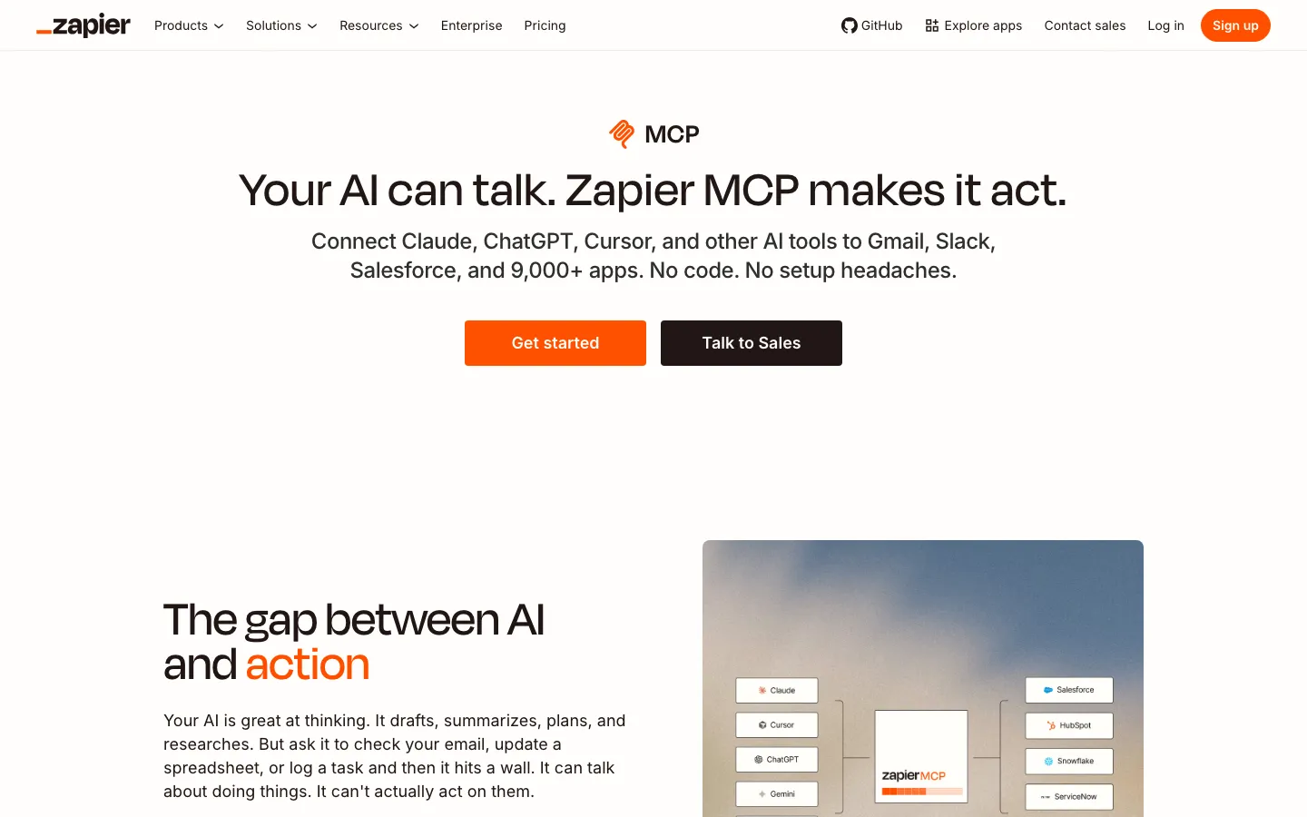 Zapier MCP page: connect Claude, ChatGPT and Cursor to 9,000+ apps.