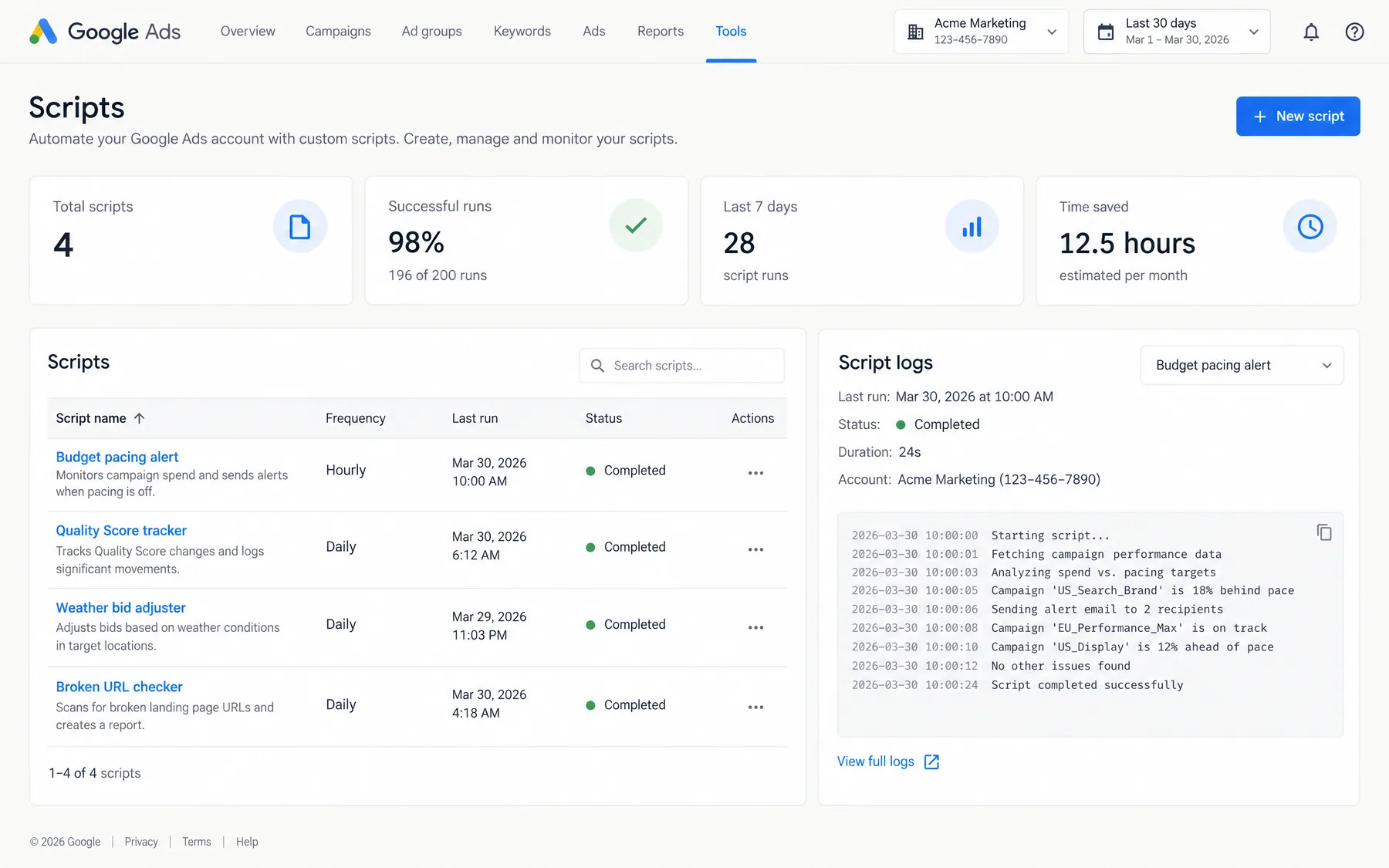 Google Ads Scripts page listing budget pacing, Quality Score, weather bid and broken URL scripts, with a run log