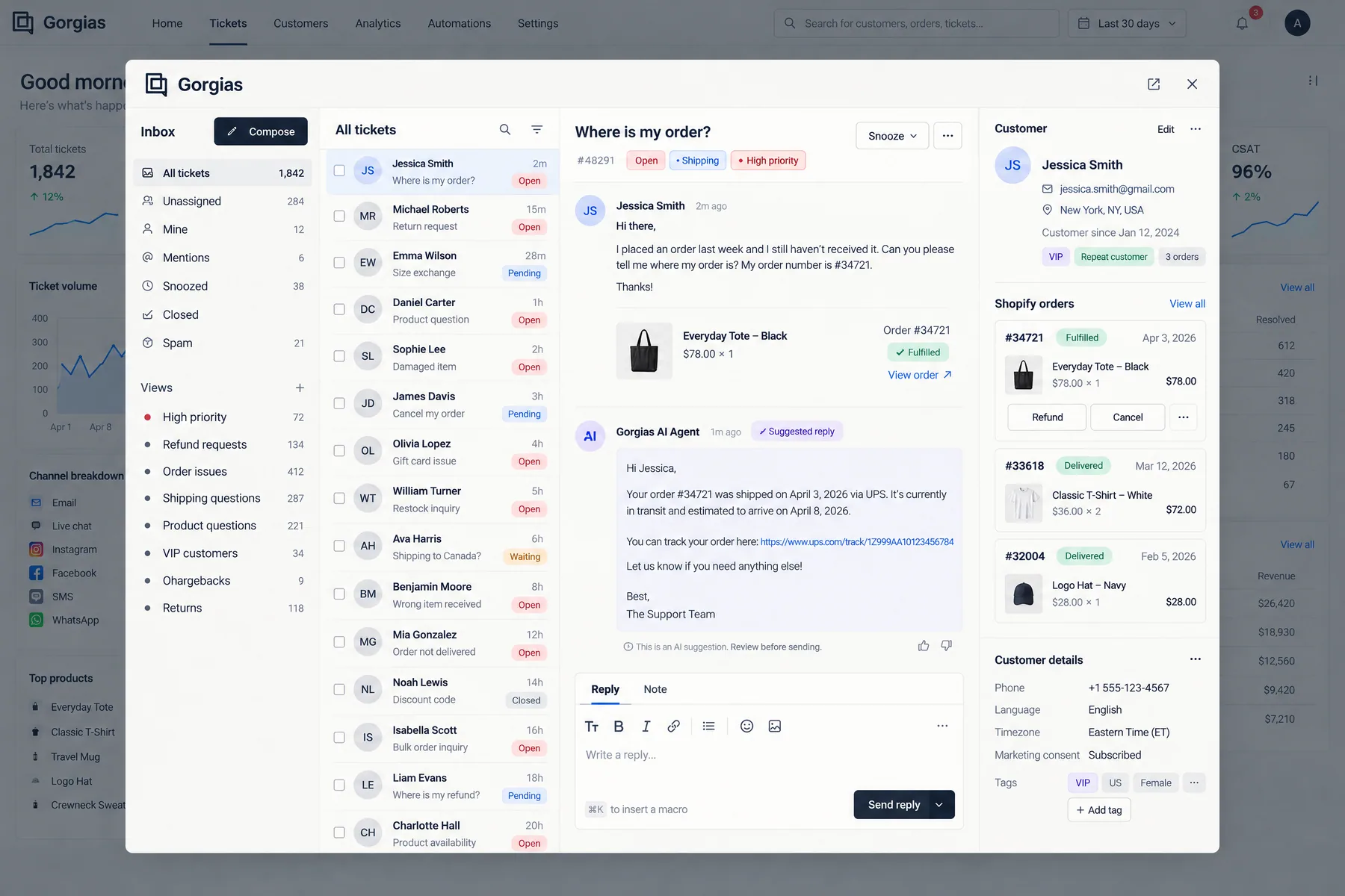 Gorgias ticket asking where is my order, with a Gorgias AI Agent suggested reply and Shopify order Refund and Cancel buttons