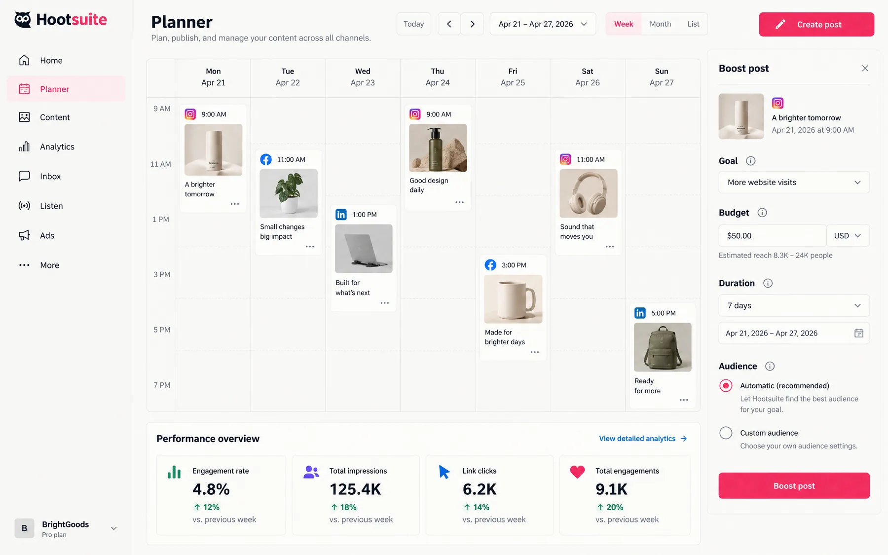 Hootsuite Planner with a week of Instagram, Facebook and LinkedIn posts and a Boost post panel set to a $50 budget