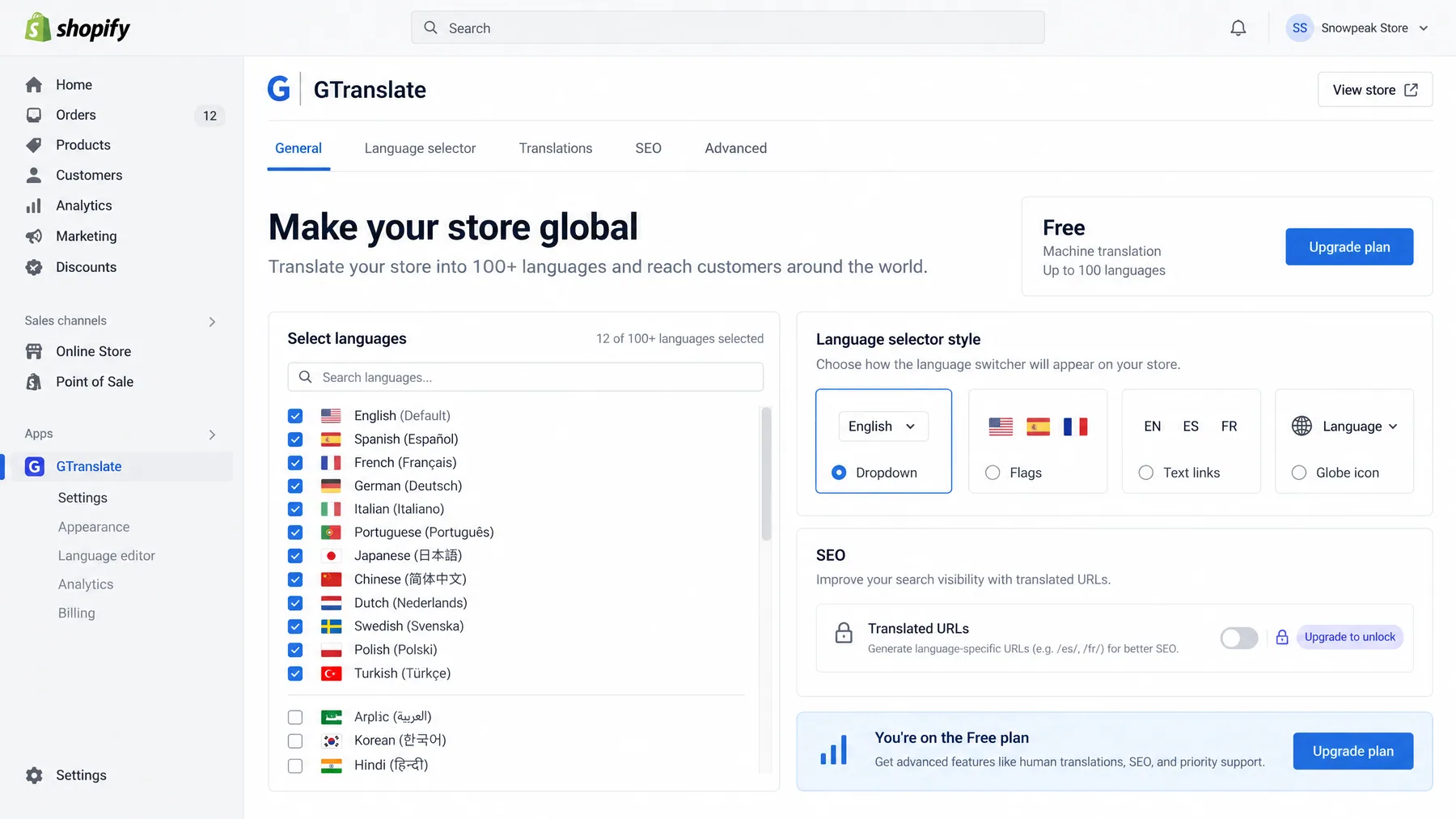 GTranslate language settings on the Free plan with 12 languages selected and the Translated URLs SEO toggle locked