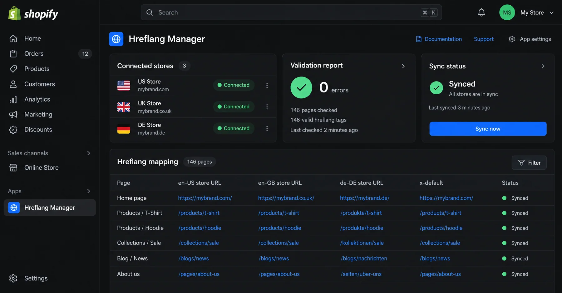 GWA Hreflang Manager linking US, UK and DE Shopify stores, with 146 hreflang tags validated at 0 errors and x-default set