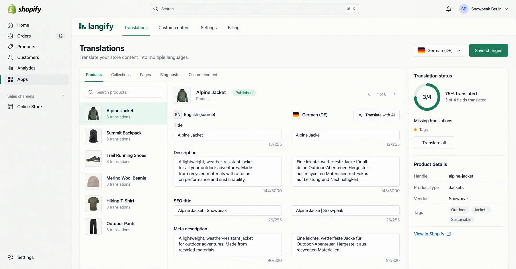 Langify side-by-side editor translating a product's title, SEO title and meta description from English into German