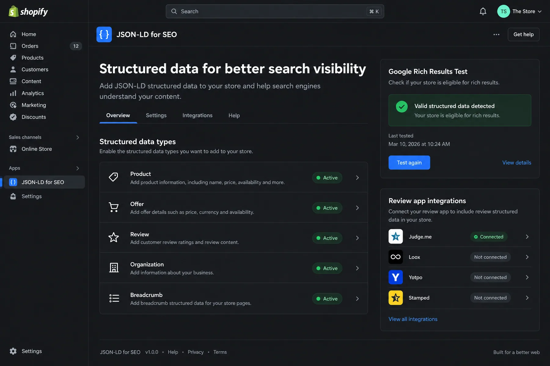 JSON-LD for SEO in Shopify admin with five structured data types Active and a passing Google Rich Results Test