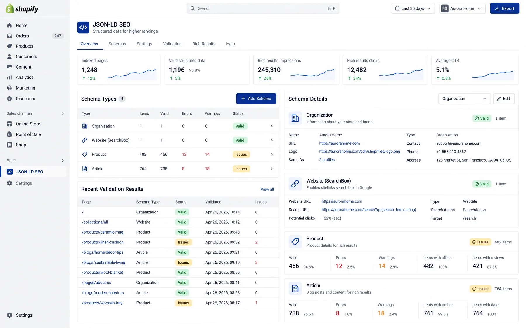 JSON-LD SEO Schema Generator overview listing 12 Product and 8 Article errors in recent validation results for a store