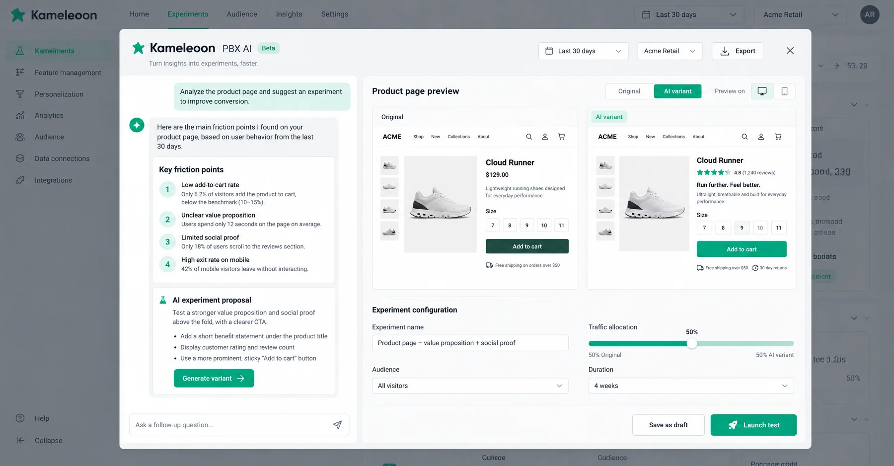 Kameleoon PBX AI listing product page friction points and generating a variant with social proof for a 50/50 test