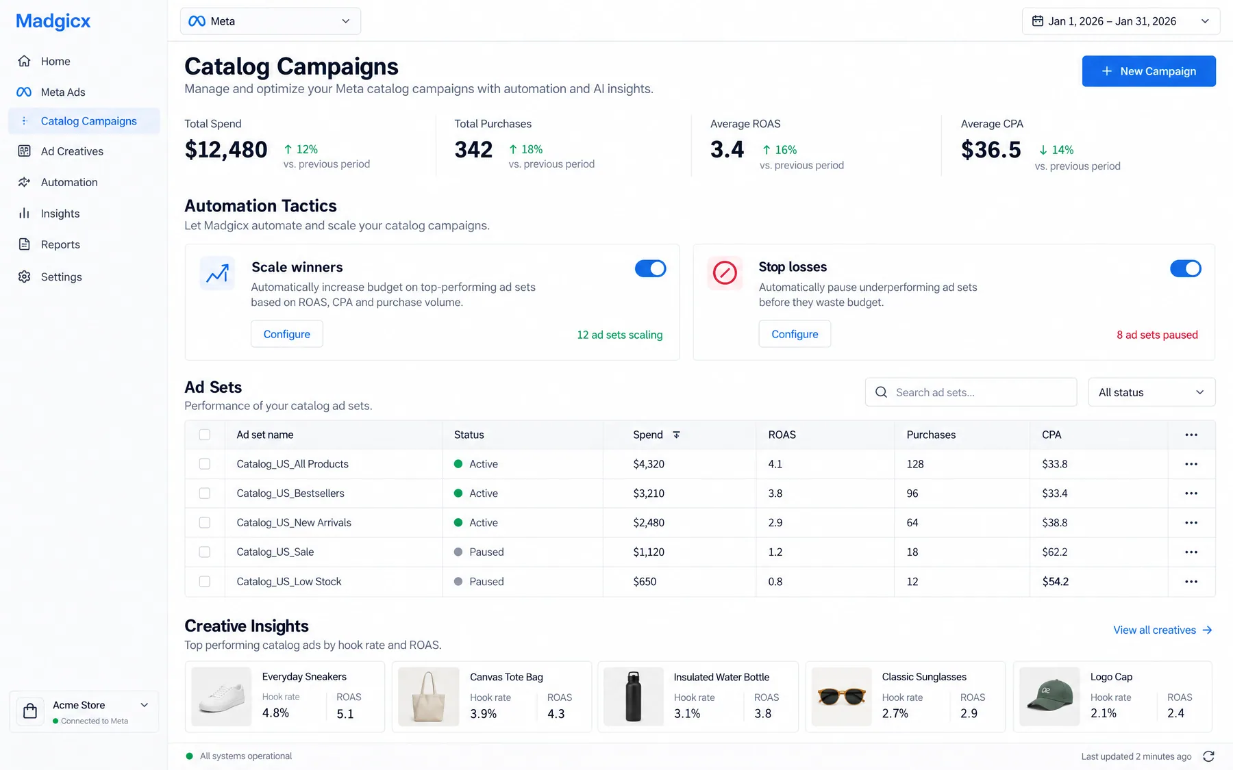 Madgicx Meta Catalog Campaigns with Scale winners on 12 ad sets and Stop losses pausing 8, plus creative hook rates