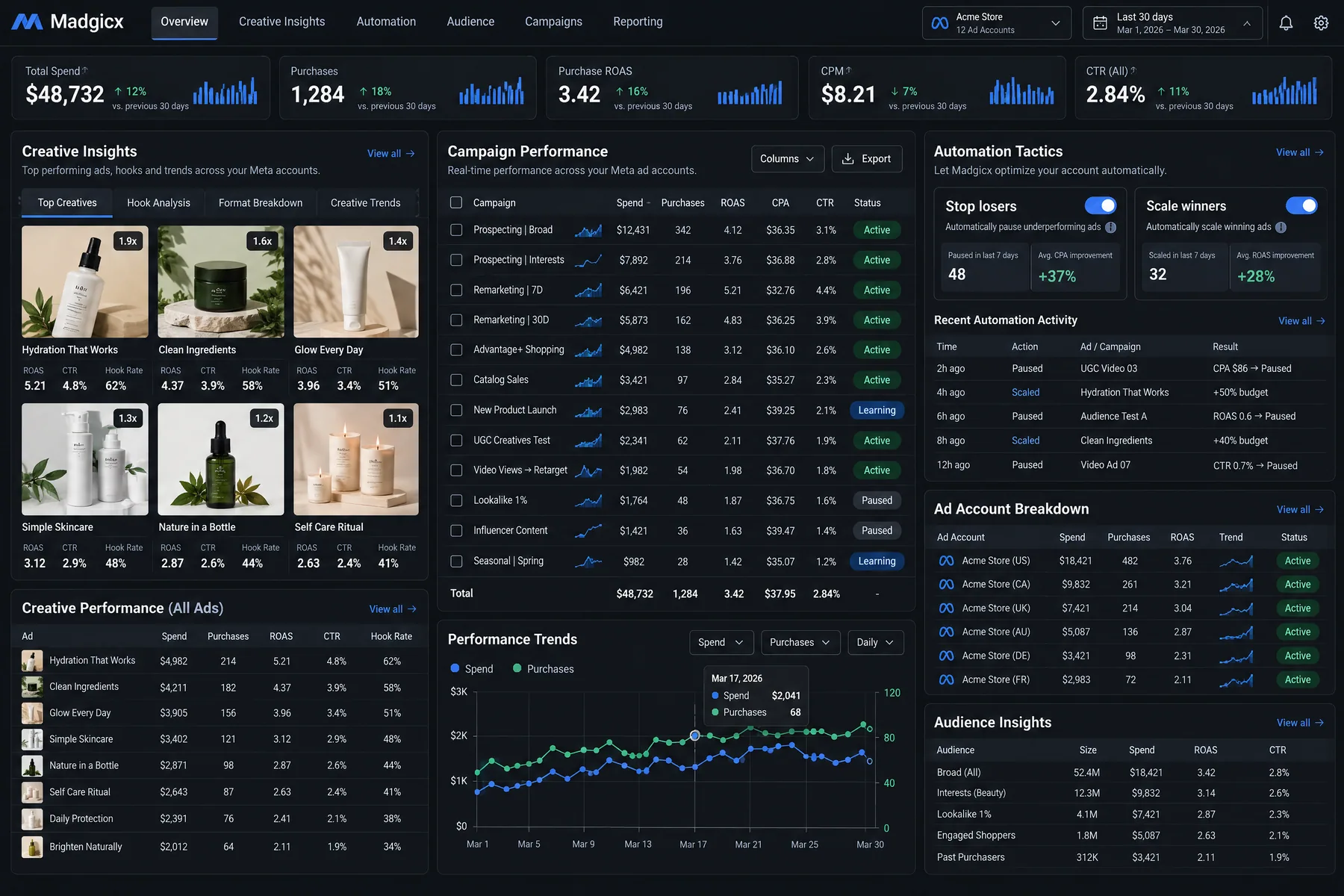 Madgicx overview with Meta creative insights and Stop losers and Scale winners automation tactics switched on
