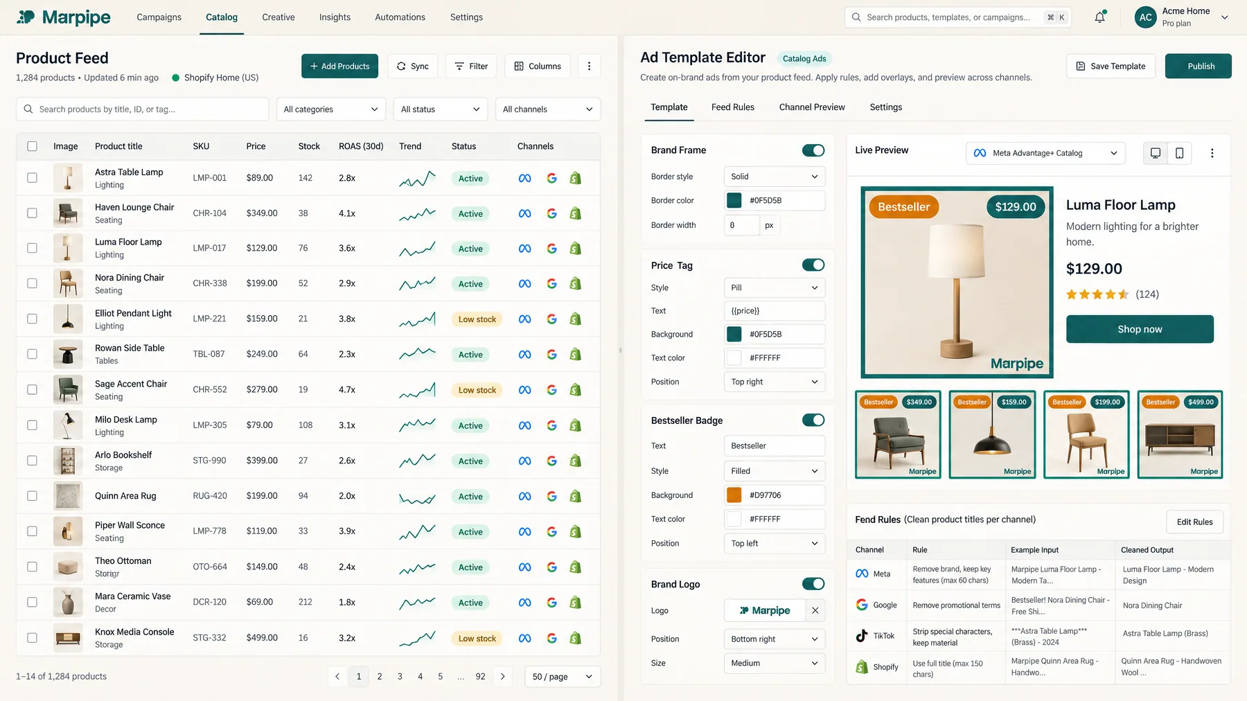 Marpipe Ad Template Editor adding a Bestseller badge and price tag to a 1,284-product feed for Meta catalog ads