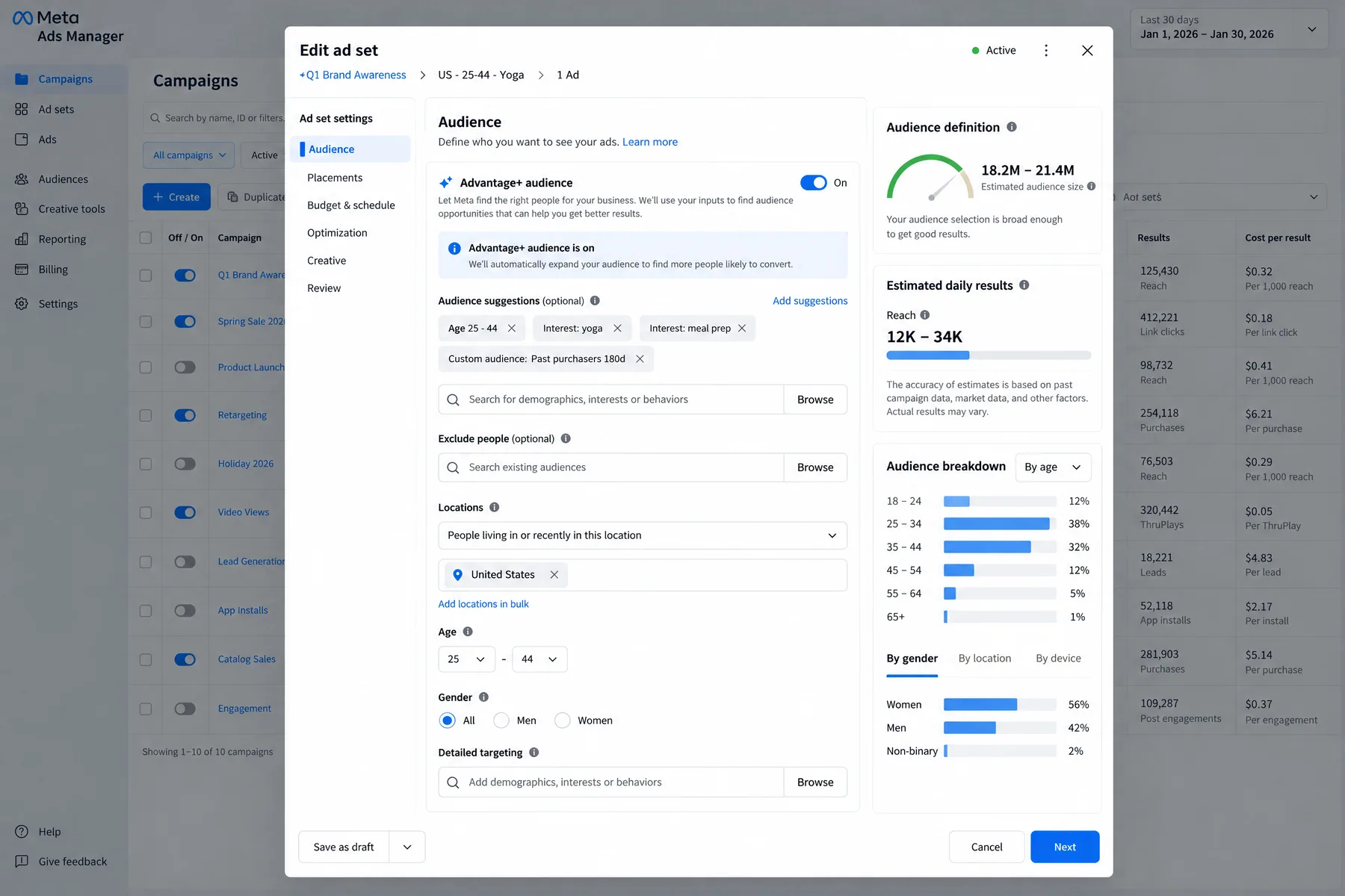 Meta Ads Manager Advantage+ audience turned on with age, yoga interest and past purchaser suggestions for AI targeting