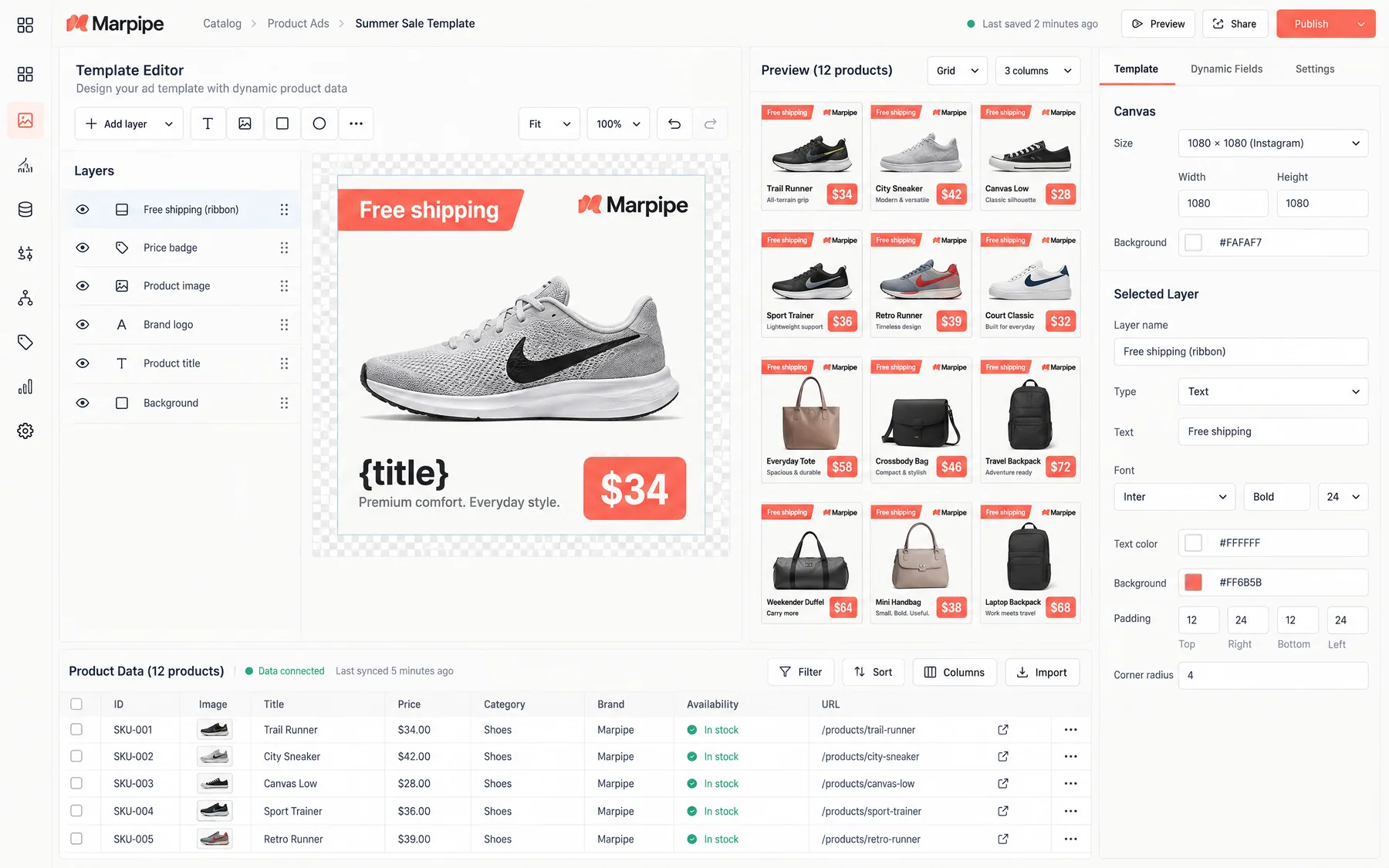 Marpipe Template Editor building a Free shipping catalog ad template with price badge, previewed on 12 products