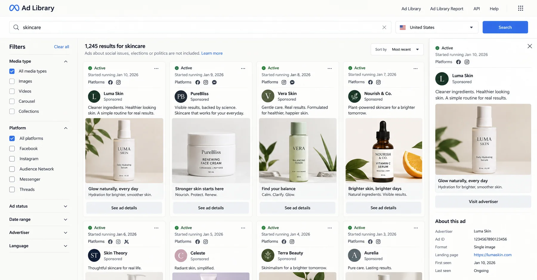 Meta Ad Library search for skincare returning 1,245 active ads, with each advertiser's start date and platforms