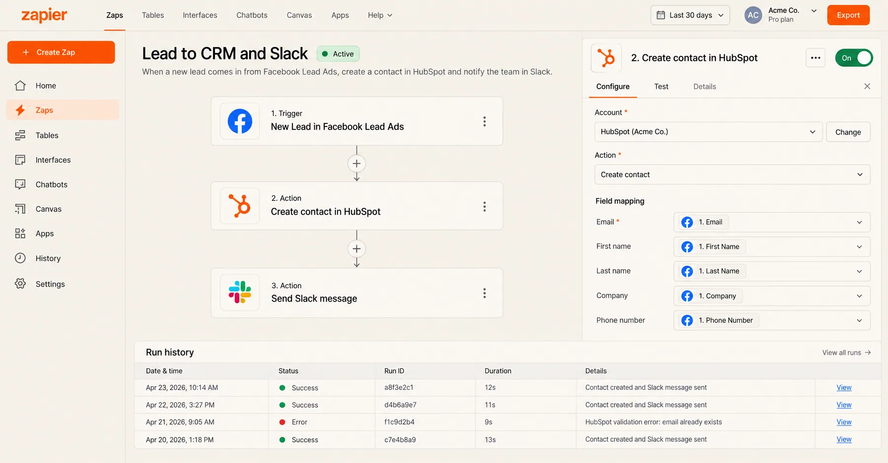 Zapier Zap sending each new Facebook Lead Ads lead to a HubSpot contact and a Slack message, with run history