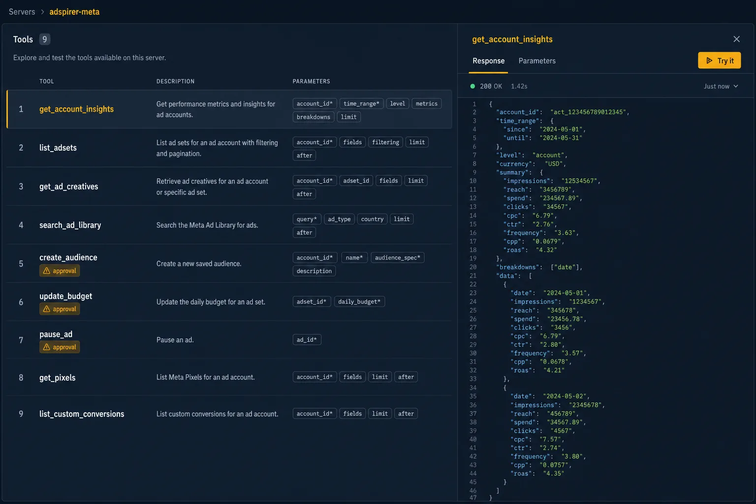 Adspirer-style MCP tools explorer listing nine Meta Ads tools with write tools tagged for approval, and a live JSON response for account insights.