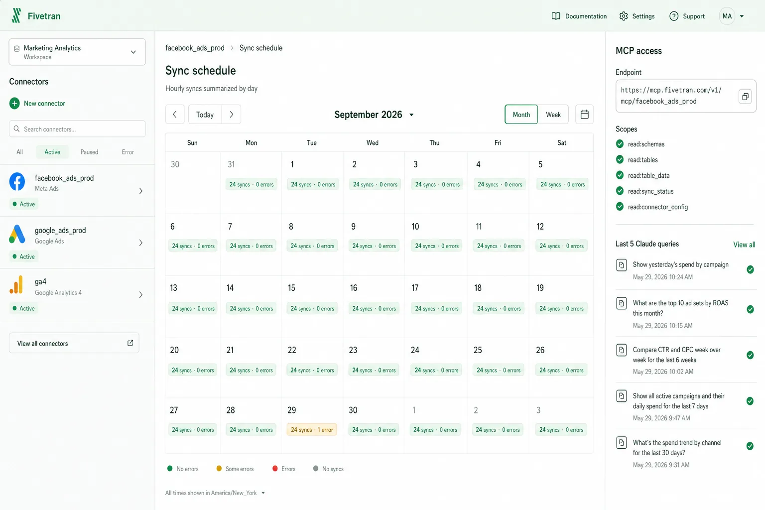 Fivetran-style September 2026 sync calendar for a Meta Ads connector with daily sync counts, one flagged day, and an MCP access panel listing the last five Claude queries.