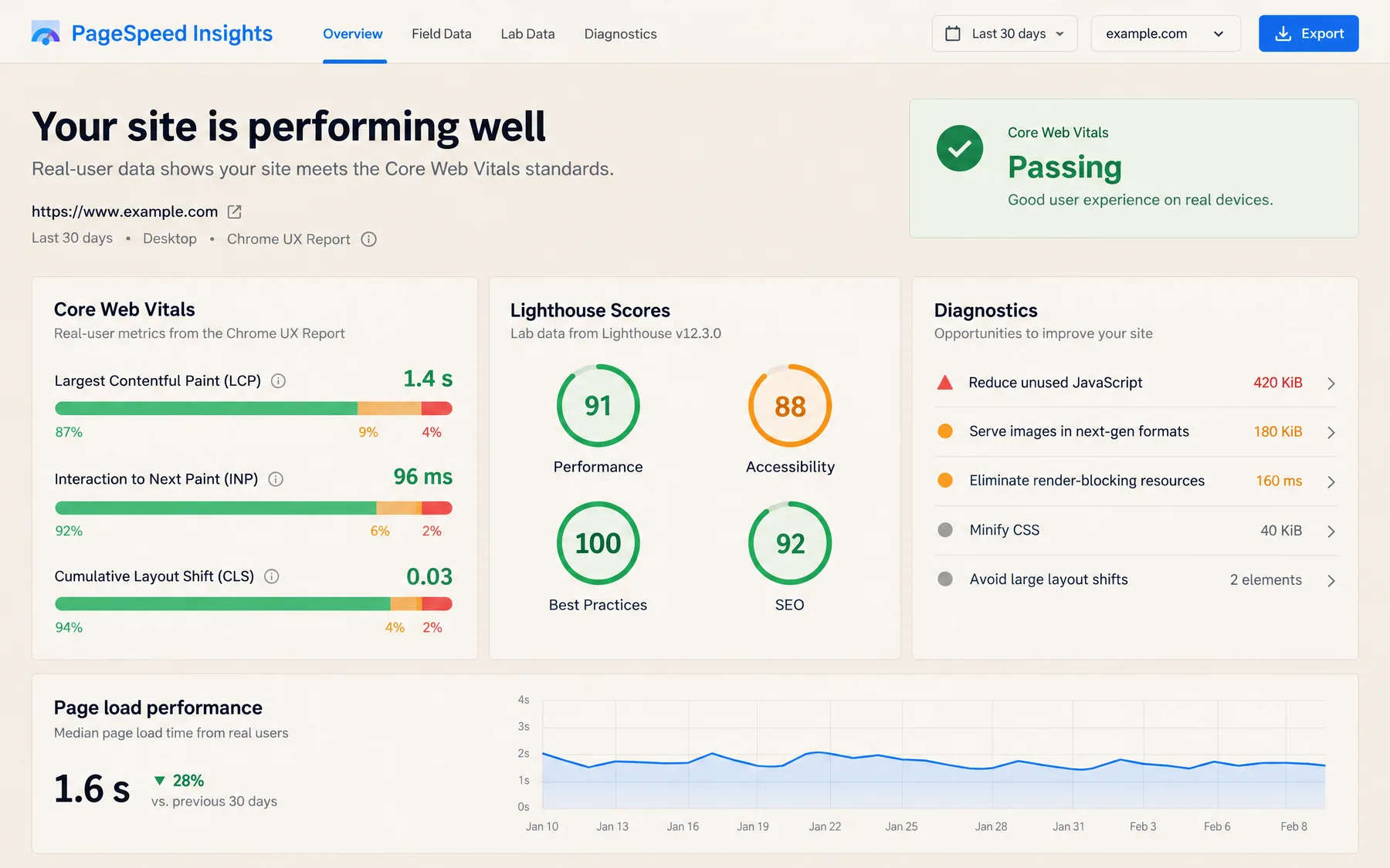 PageSpeed Insights report with Core Web Vitals passing, a Lighthouse performance score of 91 and unused JavaScript flagged