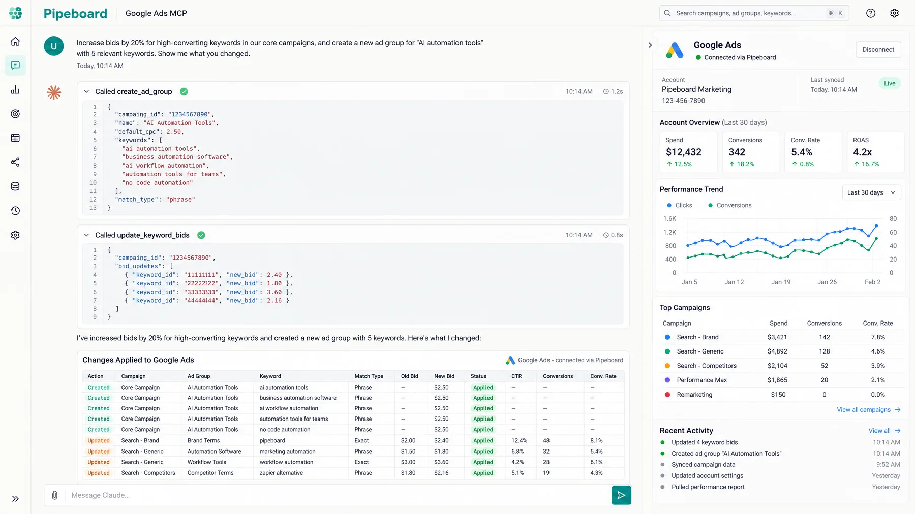 Pipeboard Google Ads MCP calling create_ad_group and update_keyword_bids, then a table of 9 changes marked Applied