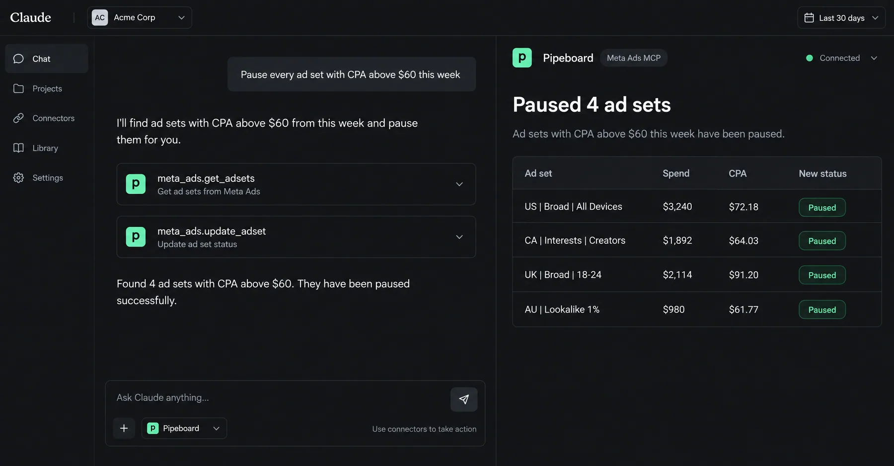Pipeboard Meta Ads MCP in Claude pausing 4 ad sets with CPA above $60 through get_adsets and update_adset calls