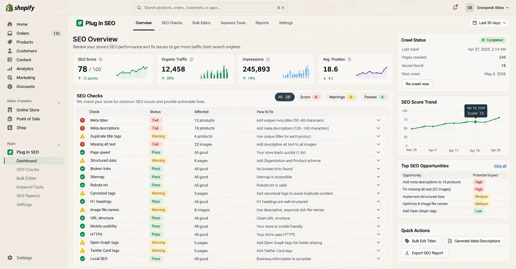 Plug In SEO checks list with Fail, Warning and Pass status and a How to fix instruction beside each Shopify issue