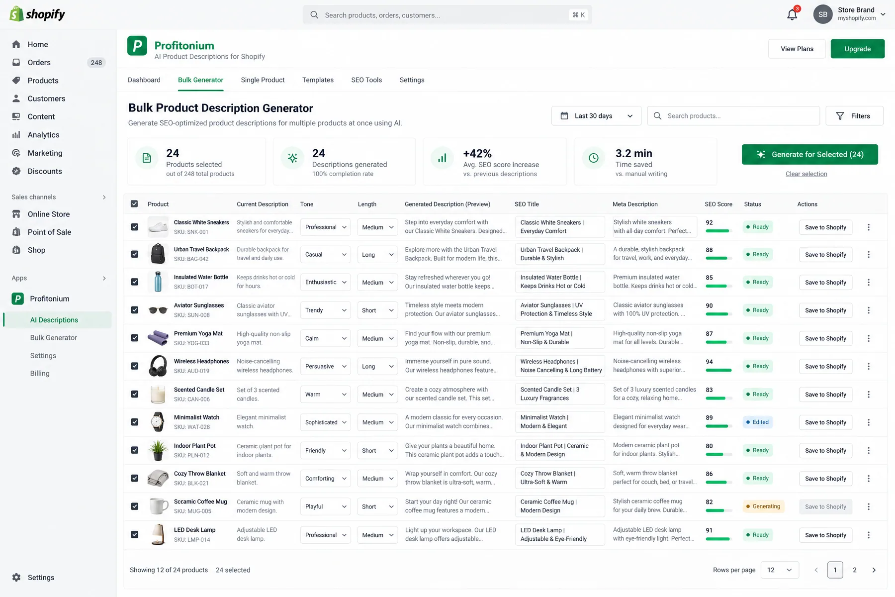 Profitonium Bulk Product Description Generator writing descriptions, SEO titles and meta descriptions for 24 Shopify products