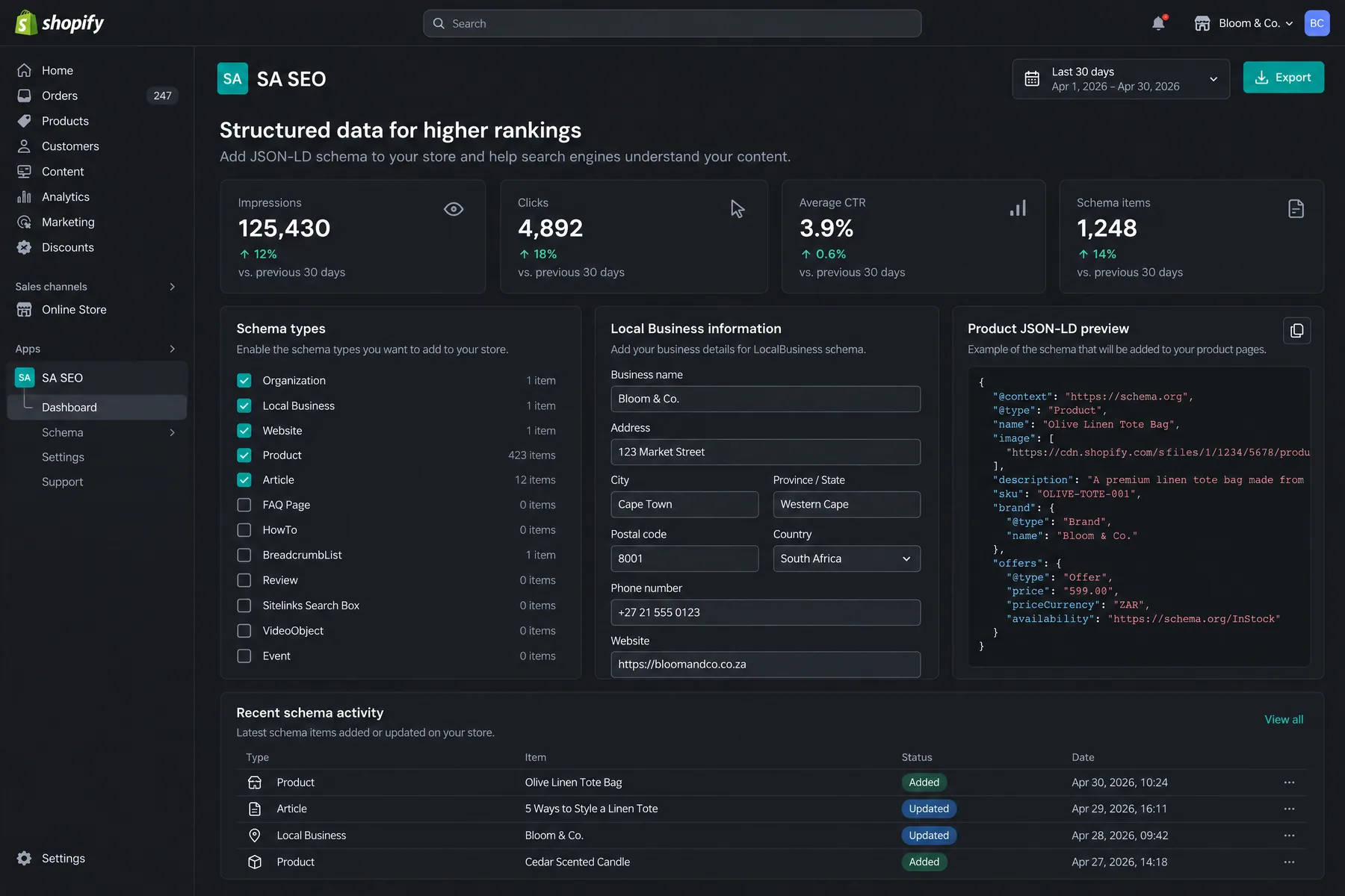SA SEO dashboard with Organization, Local Business, Product and Article schema checked and a Product JSON-LD preview