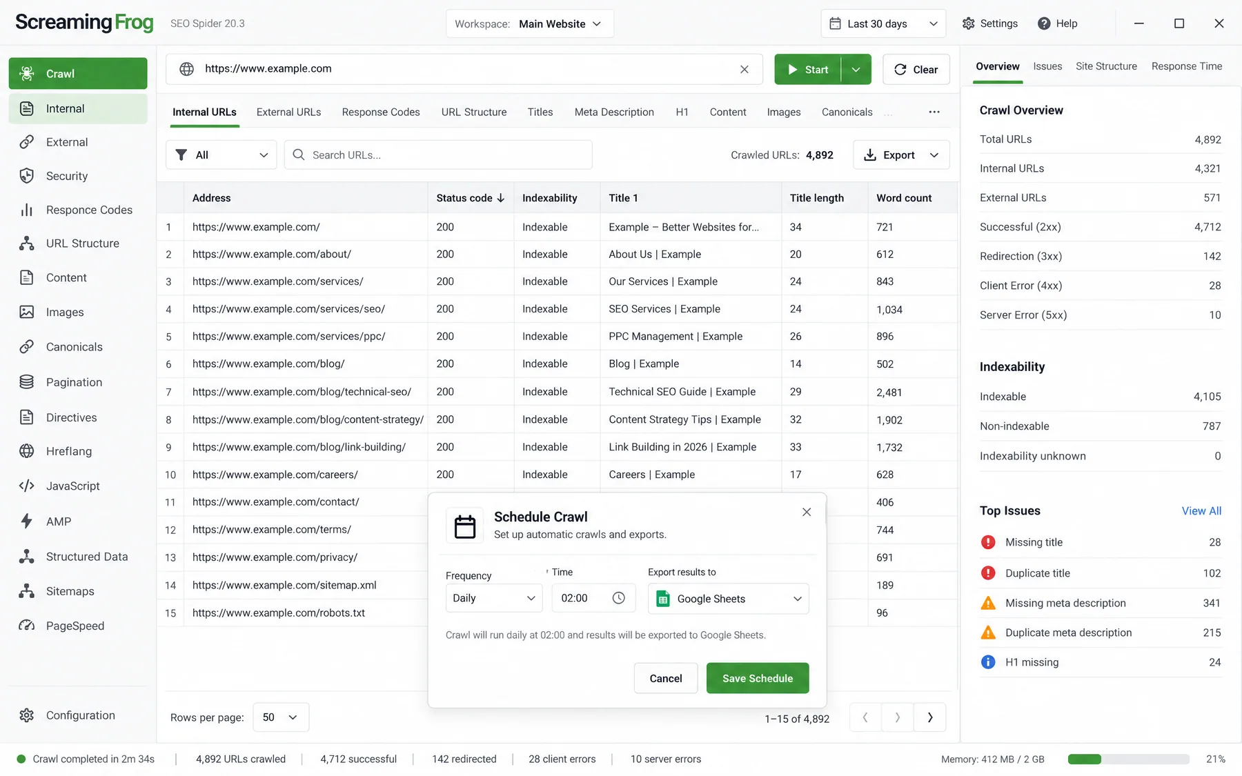 Screaming Frog SEO Spider Schedule Crawl dialog set to run daily at 02:00 and export 4,892 crawled URLs to Google Sheets