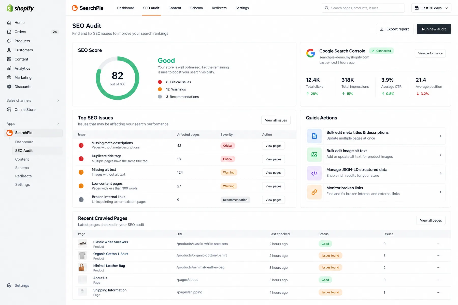 SearchPie SEO Audit tab showing an 82/100 SEO score, 6 critical issues and a connected Google Search Console panel