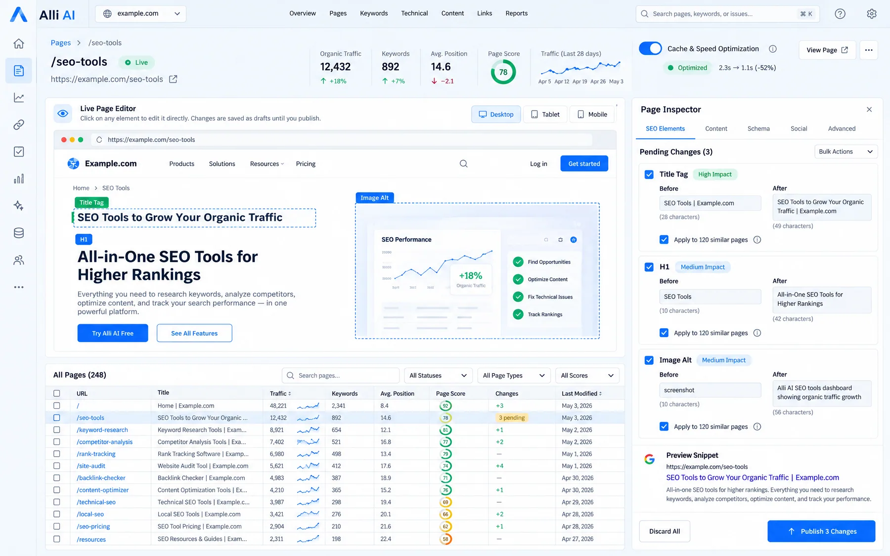 Alli AI Live Page Editor with 3 pending title tag, H1 and image alt changes, each set to apply to 120 similar pages